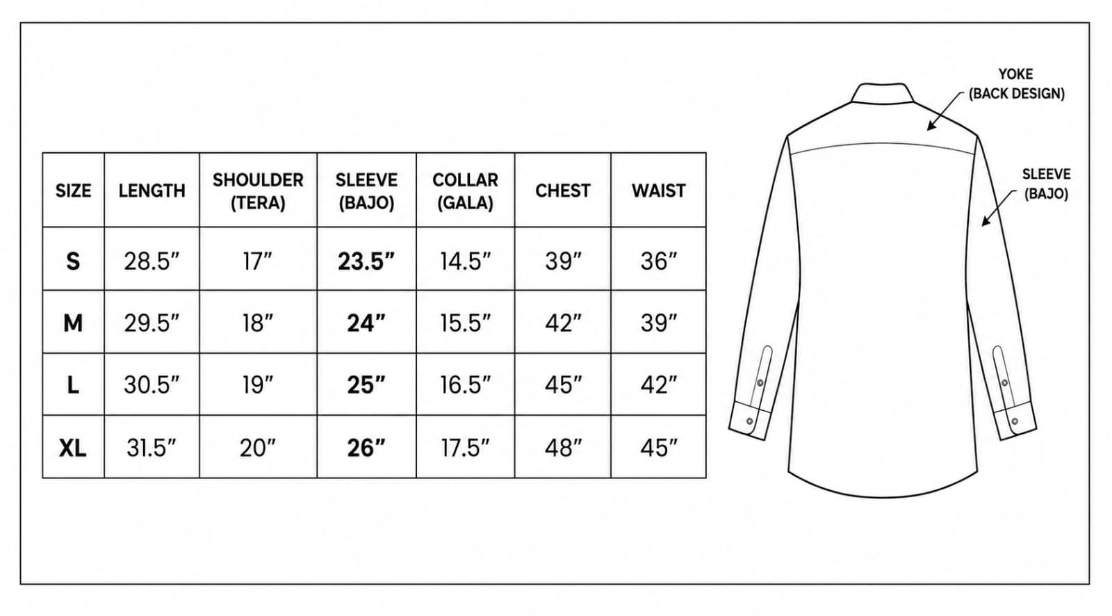 Men's shirt / kurta size chart